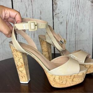 POUR la VICTOIRE women’s nude patent leather cork platform ankle wrap sandals 7